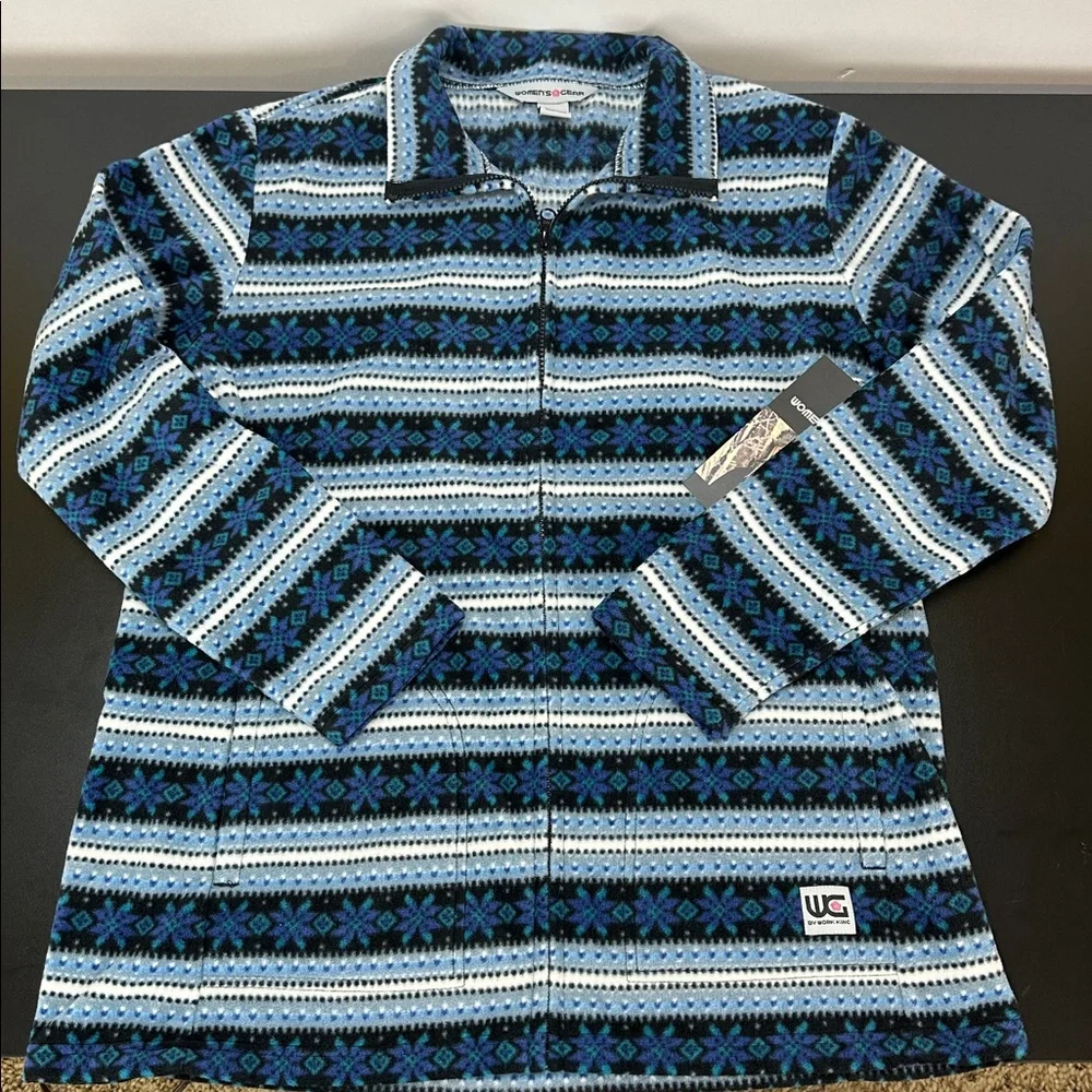 Women’s Gear Blue Fleece Snowflake Stripe Print Full Zip Light Jacket L‎ Pockets